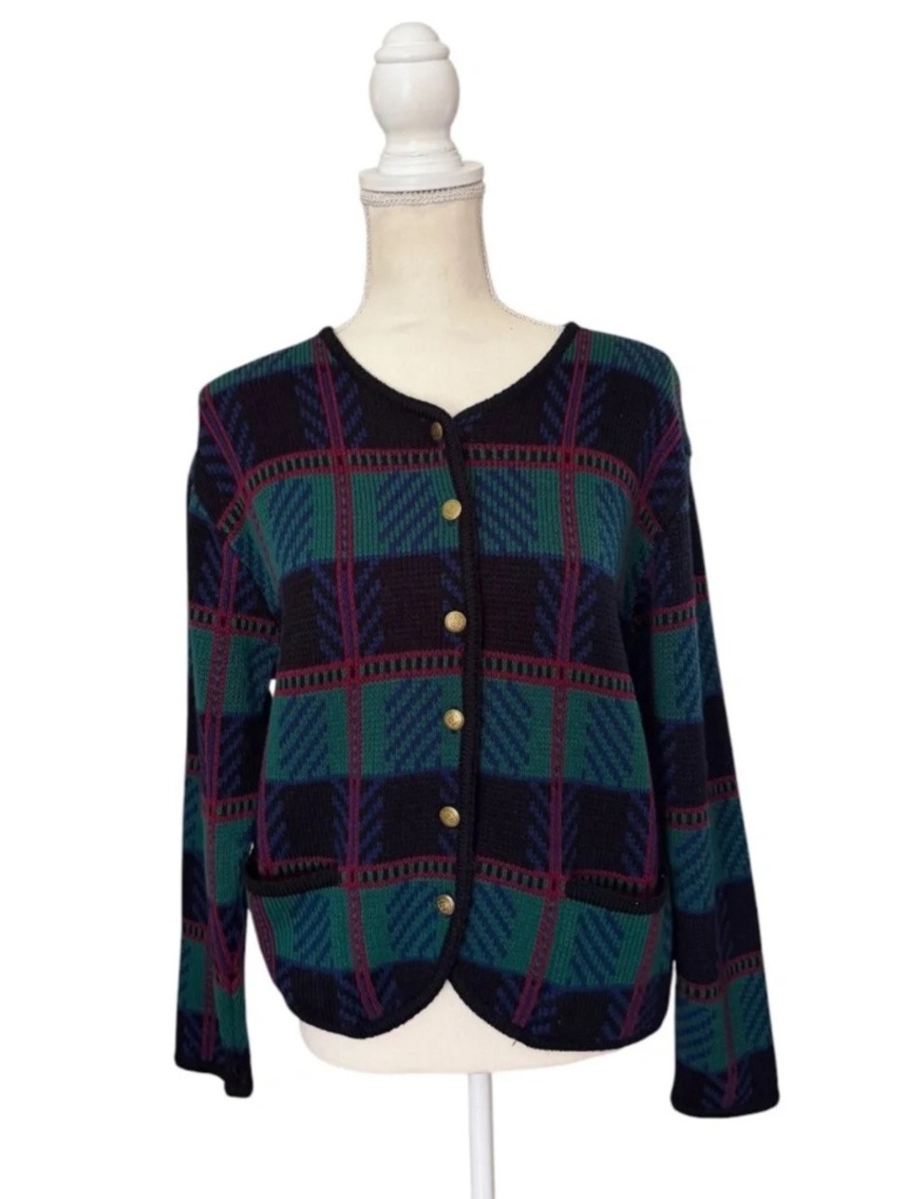 Tally Ho Plaid Cardigan Sweater M Green Navy Red Gold Buttons Preppy Vintage